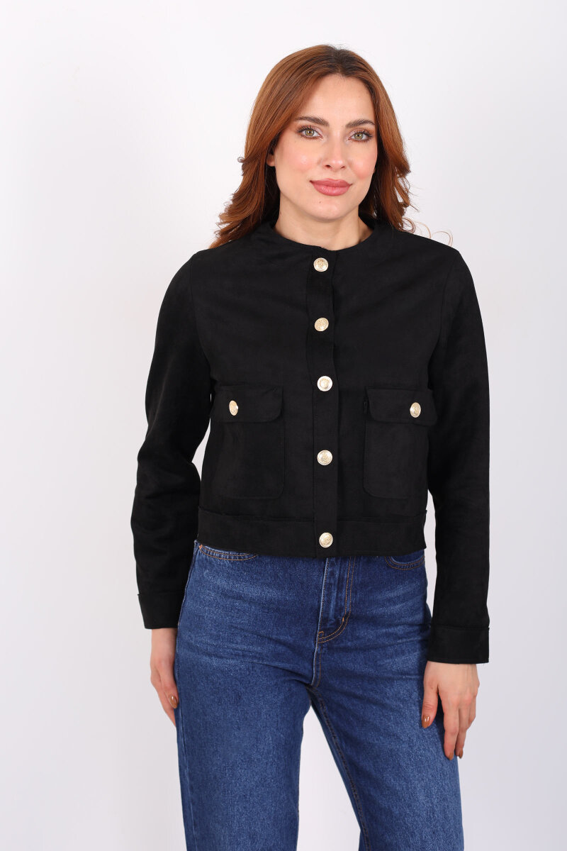 Gold Düğmeli Çift Cepli Siyah Kadın Süet Ceket - 6