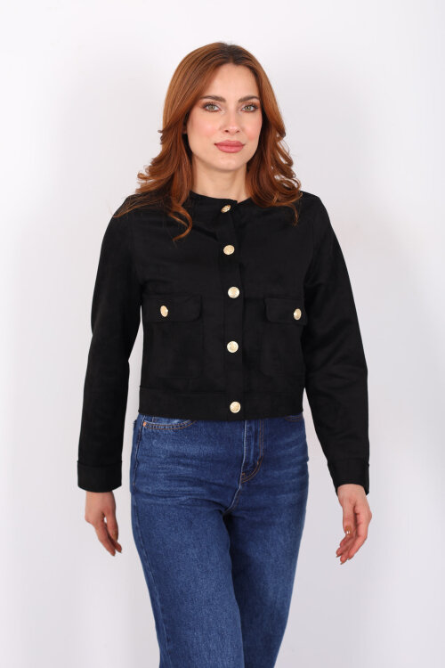 Gold Düğmeli Çift Cepli Siyah Kadın Süet Ceket - 4