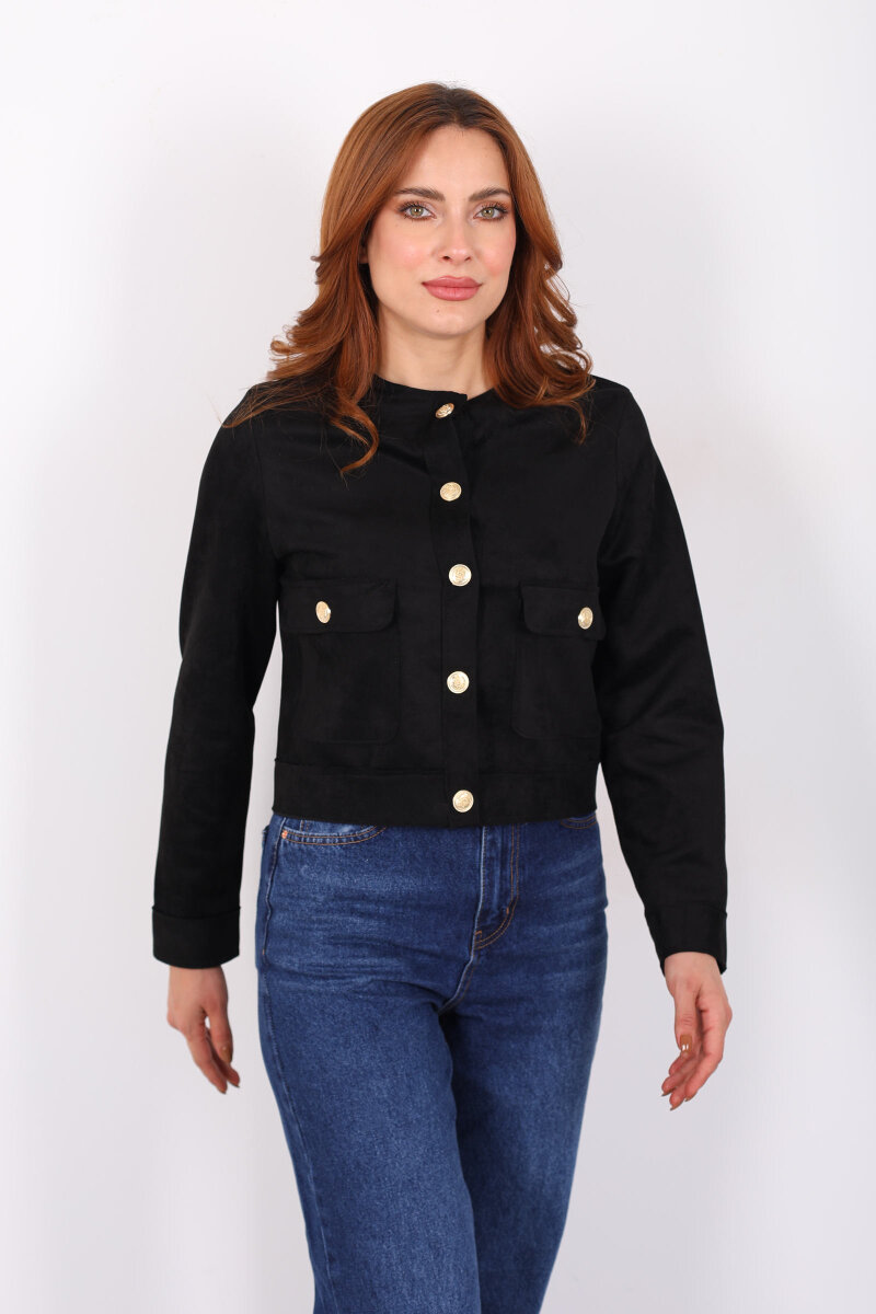 Gold Düğmeli Çift Cepli Siyah Kadın Süet Ceket - 4
