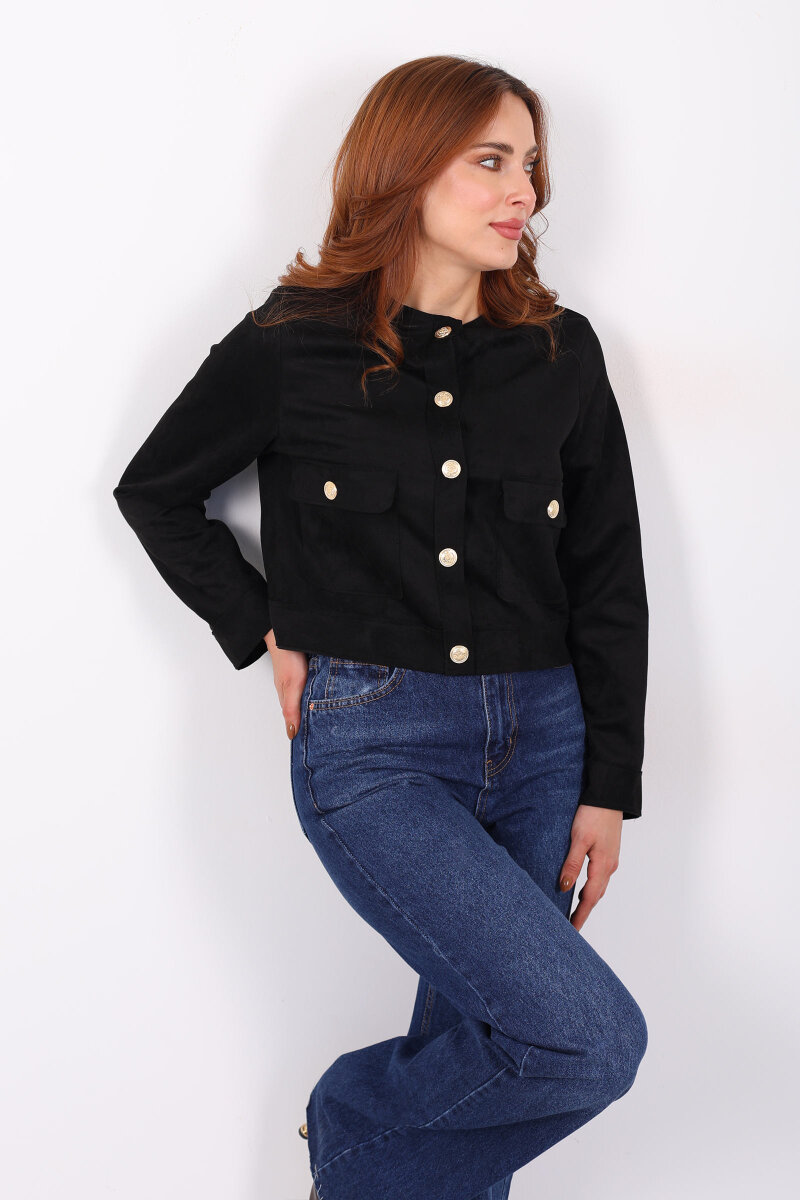 Gold Düğmeli Çift Cepli Siyah Kadın Süet Ceket - 1