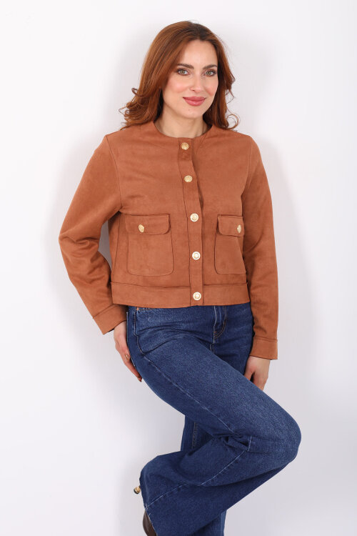 Gold Düğmeli Çift Cepli Taba Kadın Süet Ceket - 3