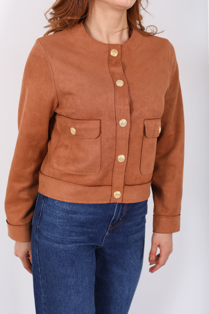 Gold Düğmeli Çift Cepli Taba Kadın Süet Ceket - 2