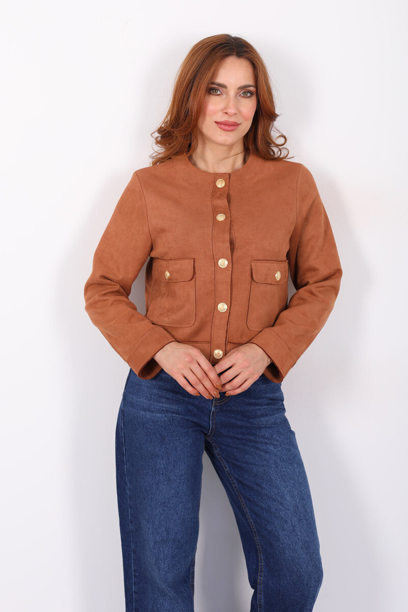 Gold Düğmeli Çift Cepli Taba Kadın Süet Ceket - 1