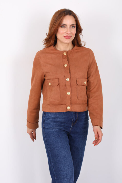 Gold Düğmeli Çift Cepli Taba Kadın Süet Ceket - 6