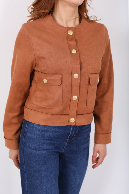 Gold Düğmeli Çift Cepli Taba Kadın Süet Ceket - Berox (1)