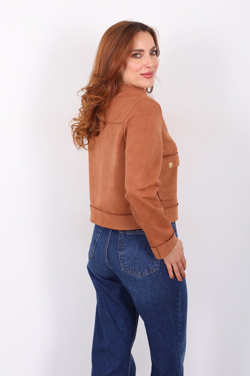 Gold Düğmeli Çift Cepli Taba Kadın Süet Ceket - 5