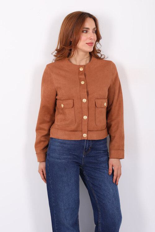 Gold Düğmeli Çift Cepli Taba Kadın Süet Ceket - 4
