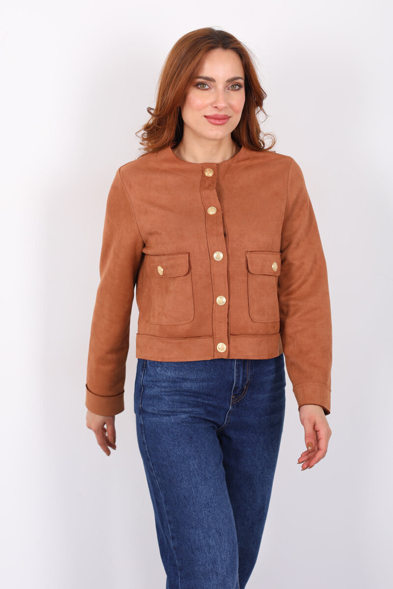 Gold Düğmeli Çift Cepli Taba Kadın Süet Ceket - 6