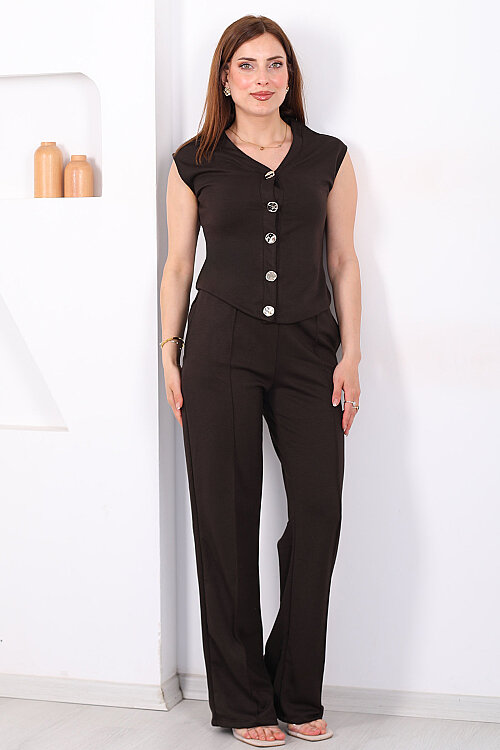 Gold Düğmeli Çimalı Kadın Acı Kahve Modal Pantolon Takım - 3