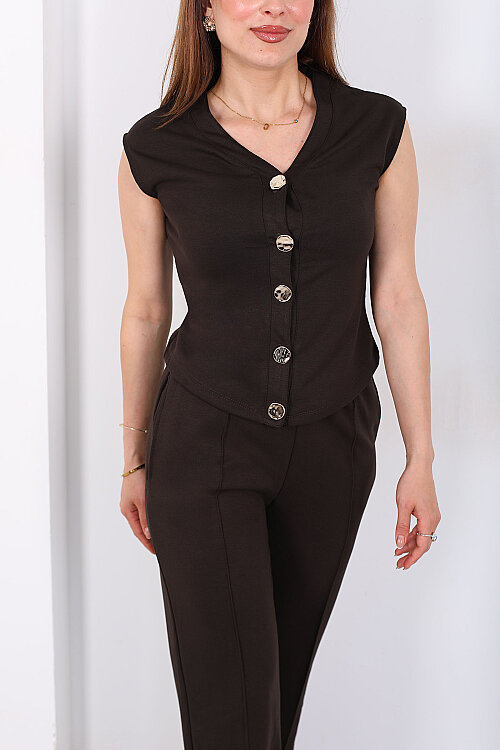Gold Düğmeli Çimalı Kadın Acı Kahve Modal Pantolon Takım - Berox (1)
