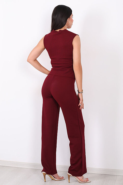 Gold Düğmeli Çimalı Kadın Bordo Yelek - Pantolon Takım - 5