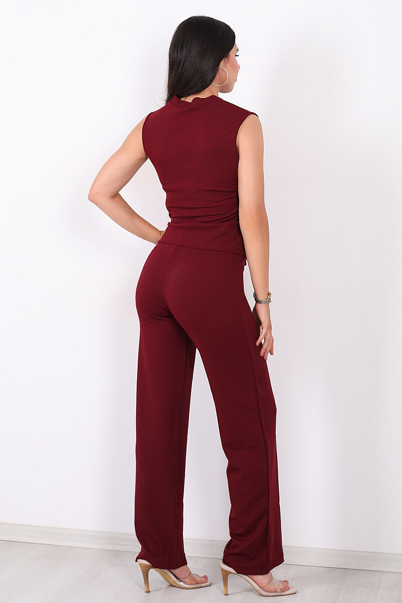 Gold Düğmeli Çimalı Kadın Bordo Yelek - Pantolon Takım - 5