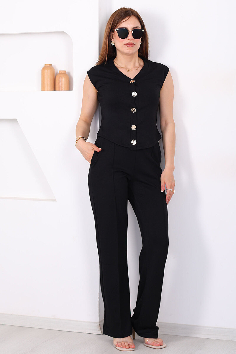 Gold Düğmeli Çimalı Kadın Siyah Modal Pantolon Takım - 4
