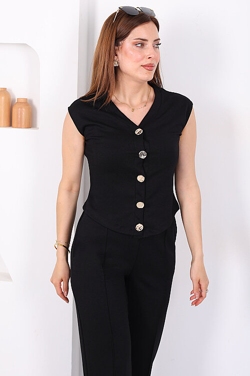Gold Düğmeli Çimalı Kadın Siyah Modal Pantolon Takım - 3