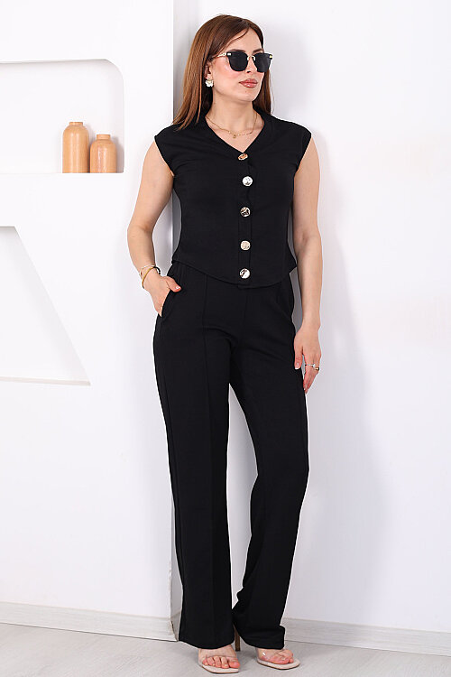 Gold Düğmeli Çimalı Kadın Siyah Modal Pantolon Takım - Berox