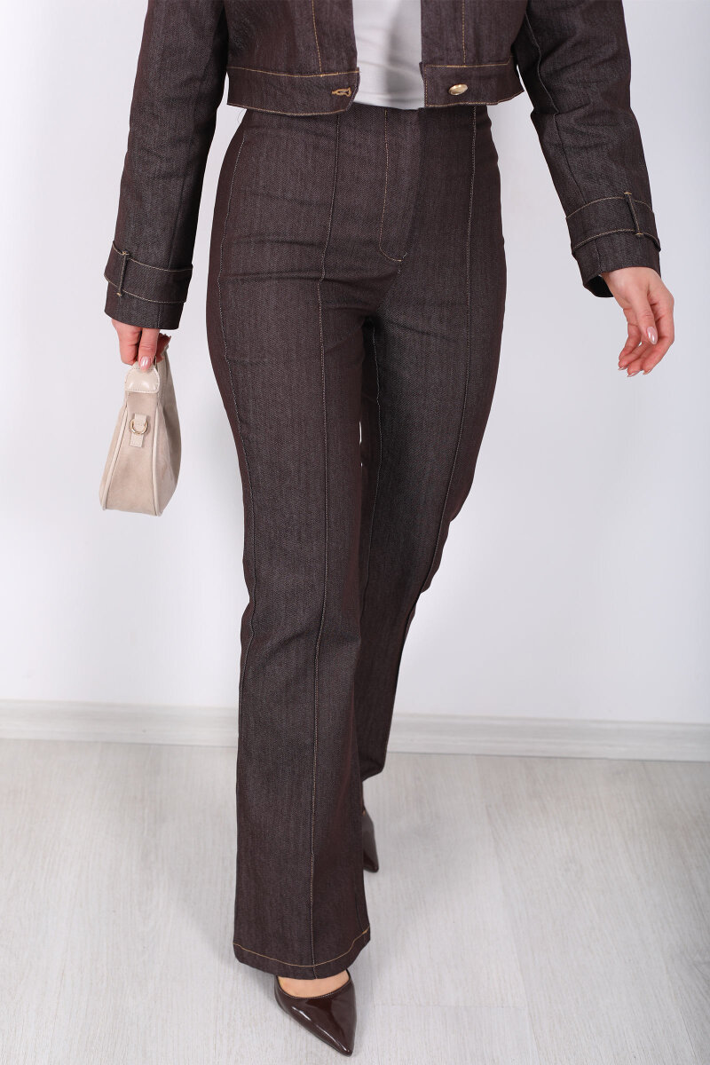 Gold Düğmeli Kahverengi Kadın Ceket Pantolon Kot Takım - 5