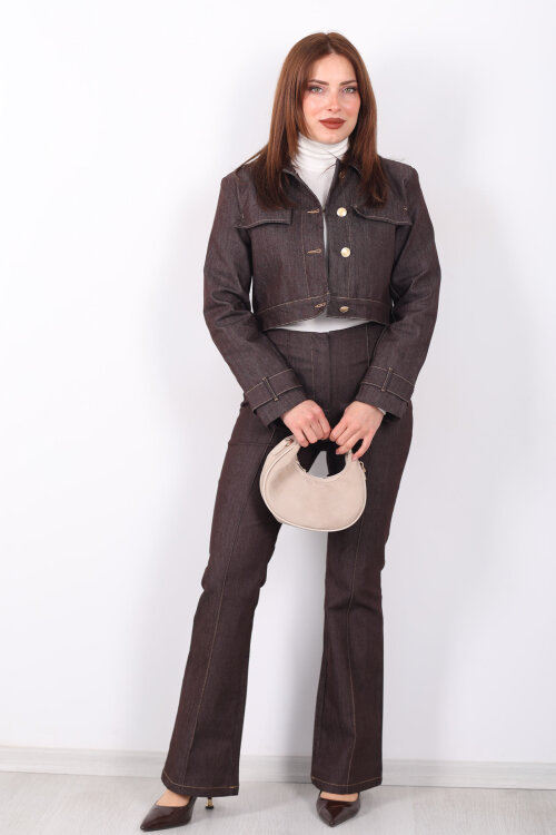 Gold Düğmeli Kahverengi Kadın Ceket Pantolon Kot Takım - 3