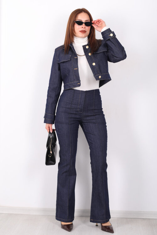 Gold Düğmeli Lacivert Kadın Ceket Pantolon Kot Takım - 4