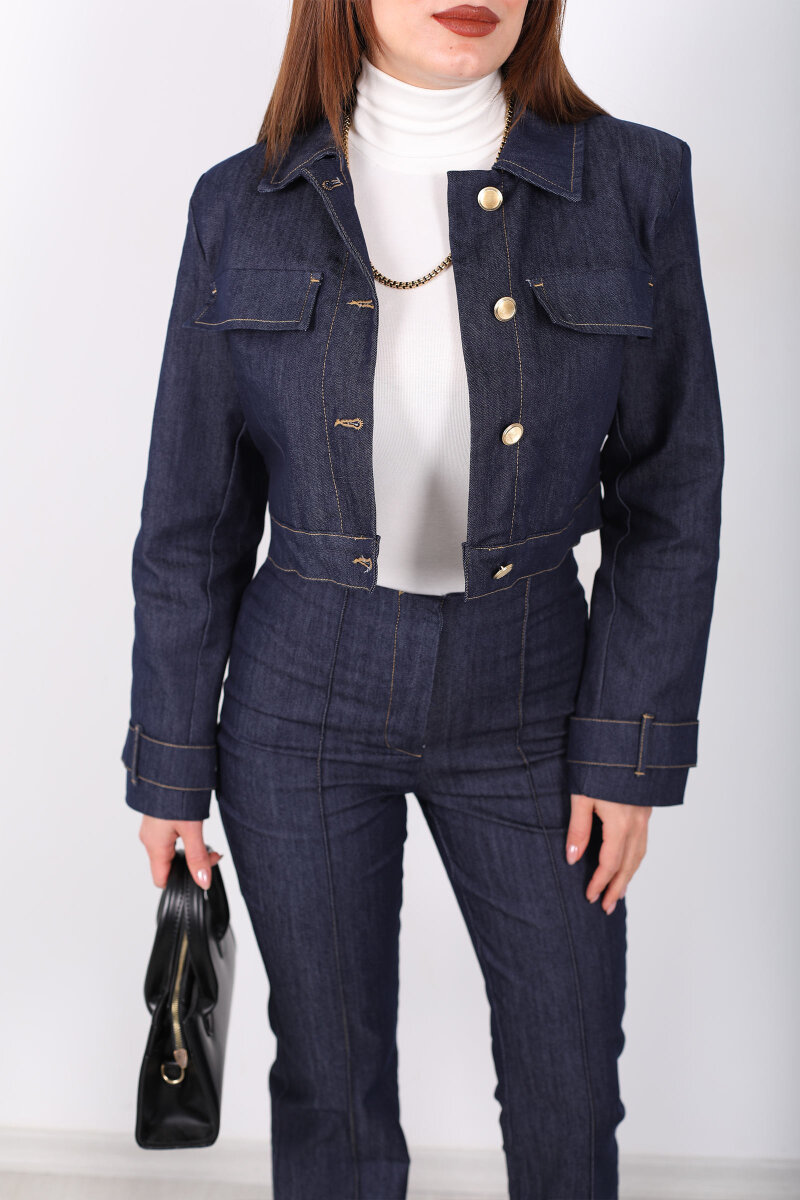 Gold Düğmeli Lacivert Kadın Ceket Pantolon Kot Takım - 2