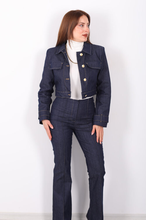 Gold Düğmeli Lacivert Kadın Ceket Pantolon Kot Takım - 6