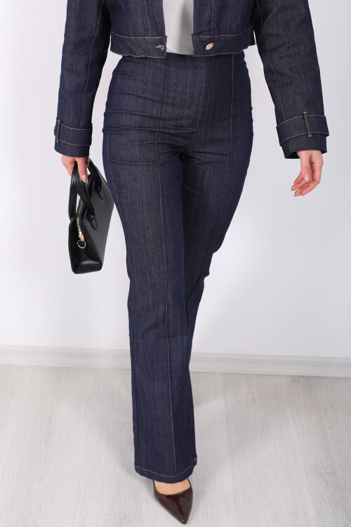 Gold Düğmeli Lacivert Kadın Ceket Pantolon Kot Takım - 5