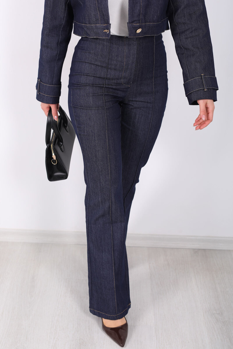 Gold Düğmeli Lacivert Kadın Ceket Pantolon Kot Takım - 5