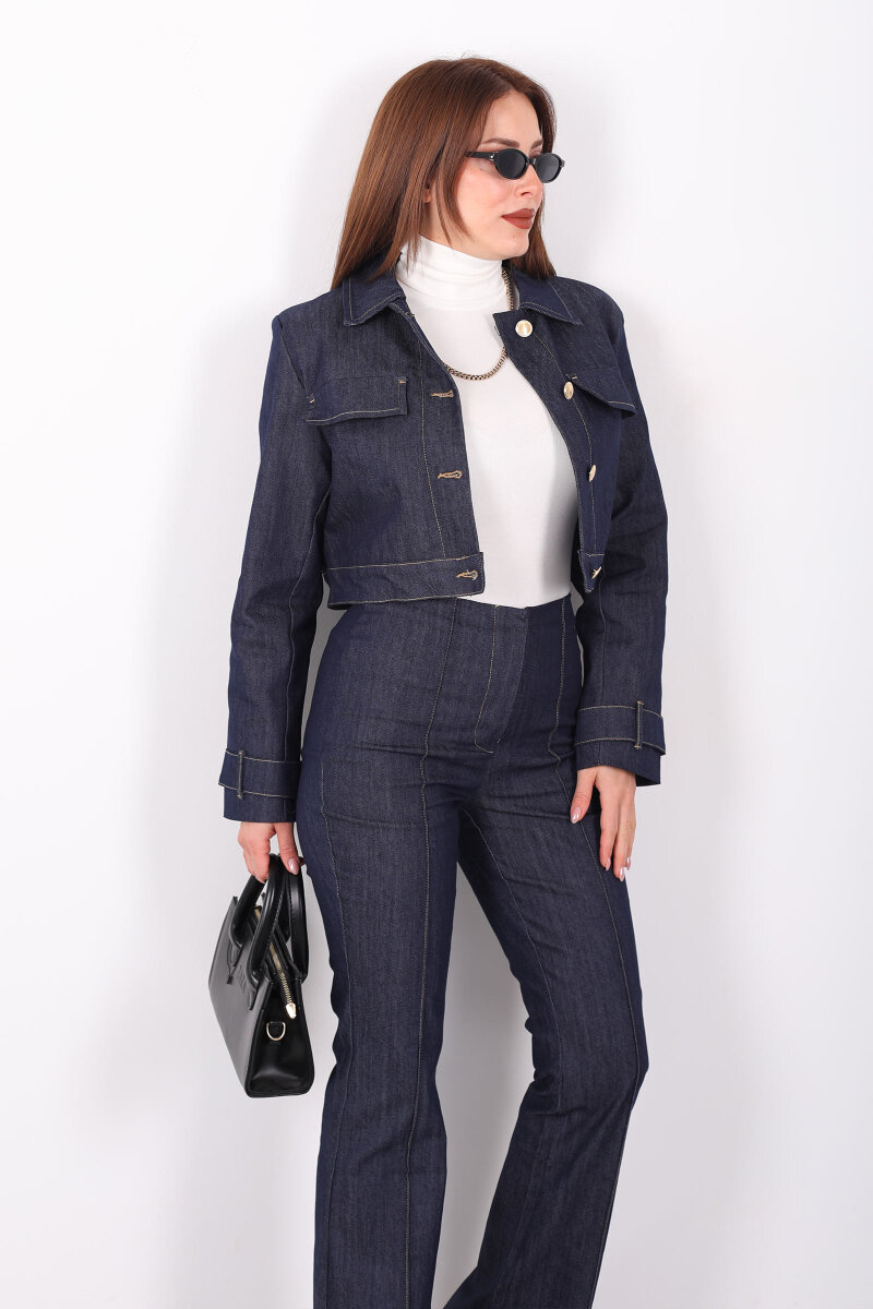 Gold Düğmeli Lacivert Kadın Ceket Pantolon Kot Takım - 1