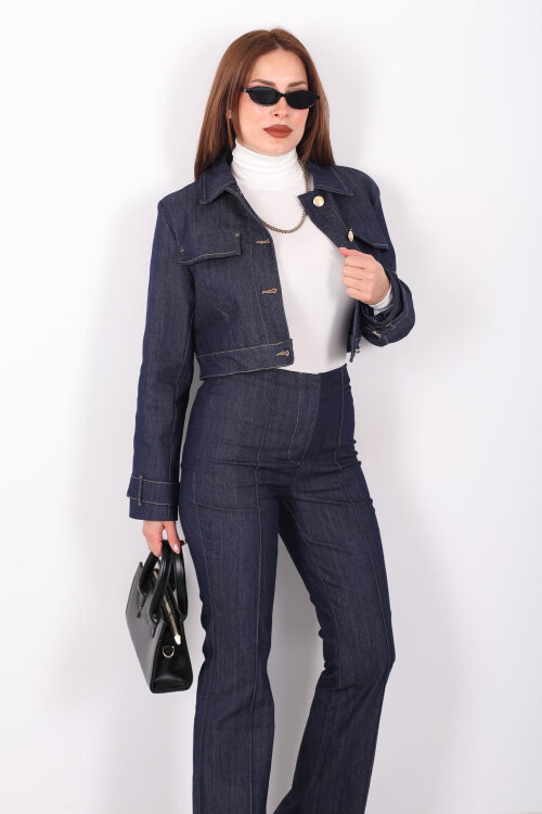 Gold Düğmeli Lacivert Kadın Ceket Pantolon Kot Takım - 3