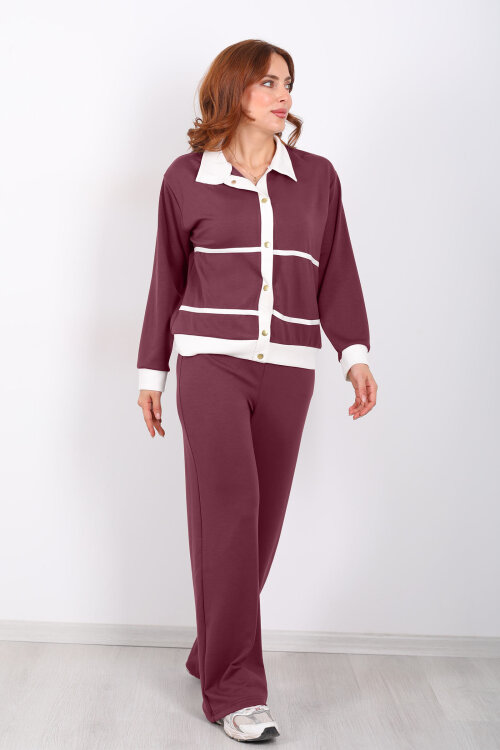 Gold Düğmeli Polo Yaka Bordo Kadın Modal Takım - Berox