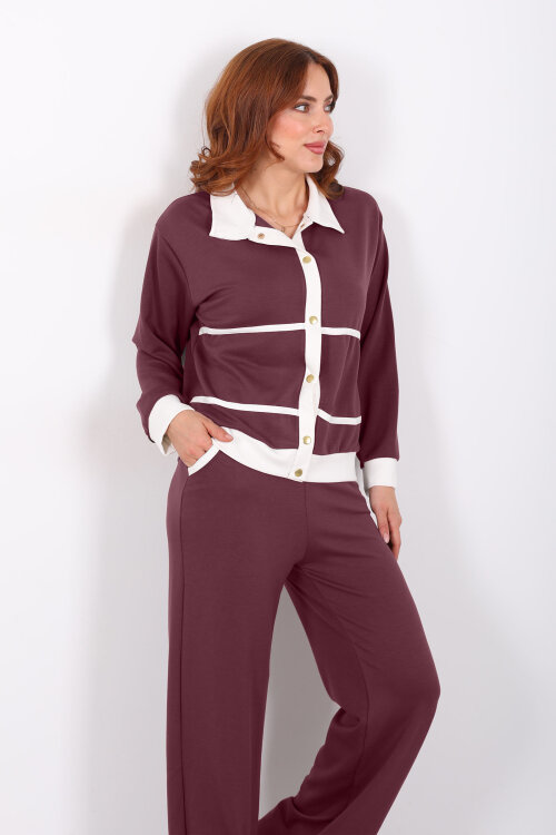 Gold Düğmeli Polo Yaka Bordo Kadın Modal Takım - 5