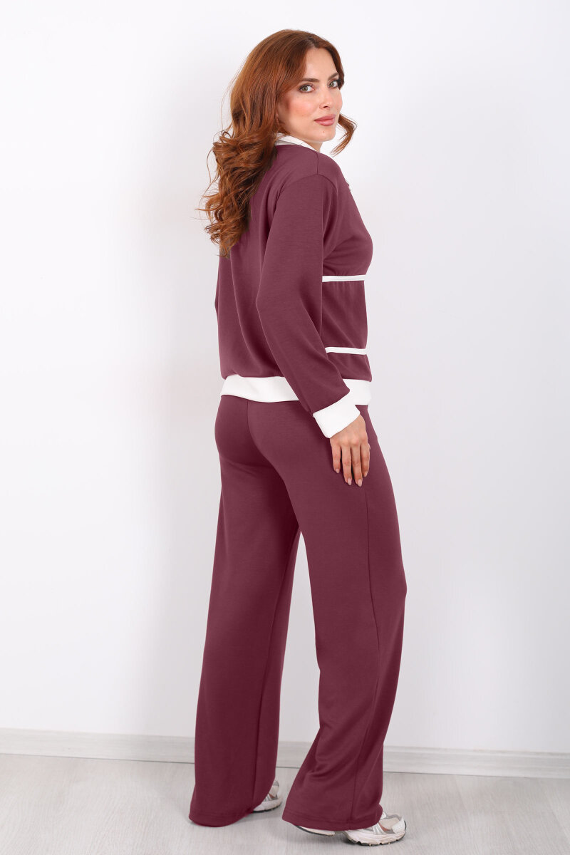 Gold Düğmeli Polo Yaka Bordo Kadın Modal Takım - 4