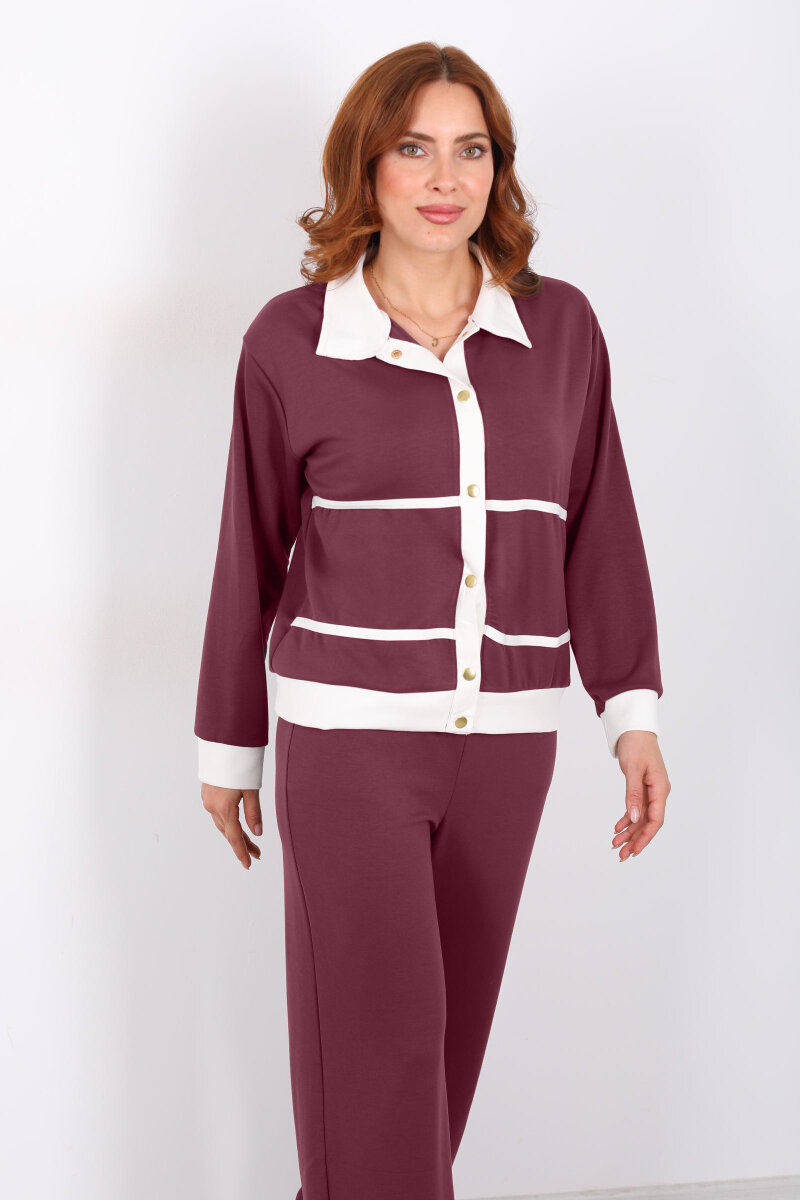 Gold Düğmeli Polo Yaka Bordo Kadın Modal Takım - 3