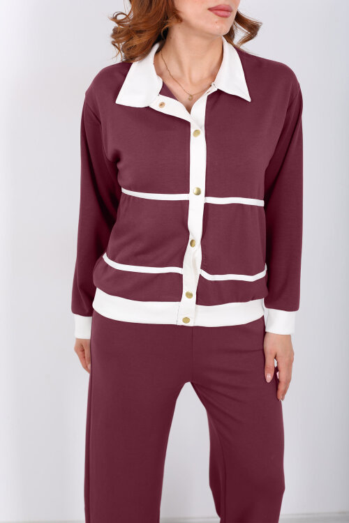 Gold Düğmeli Polo Yaka Bordo Kadın Modal Takım - Berox (1)
