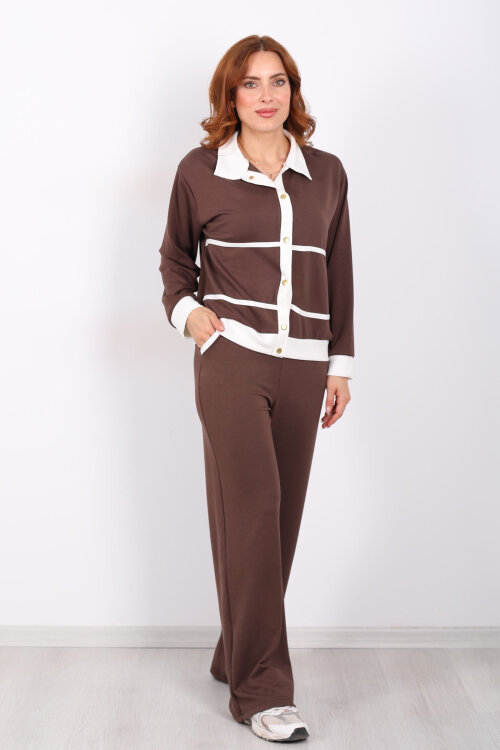 Gold Düğmeli Polo Yaka Kahverengi Kadın Modal Takım - 6
