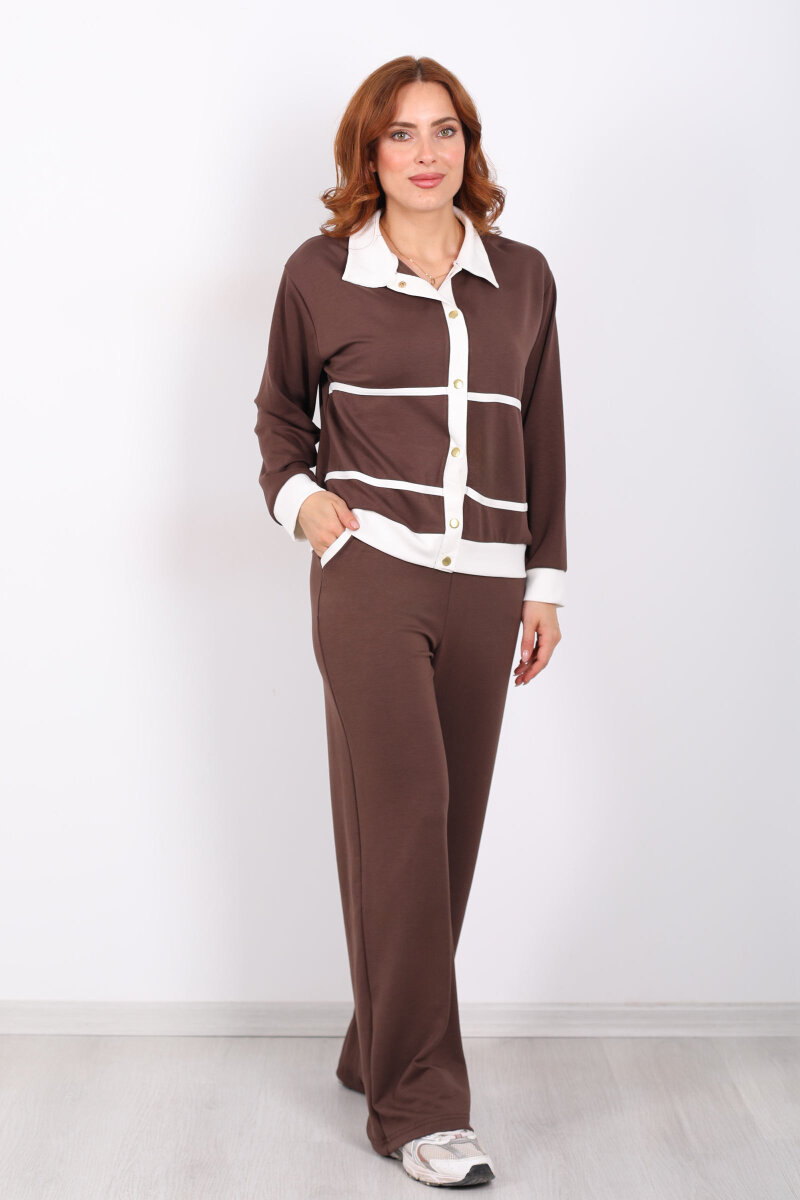 Gold Düğmeli Polo Yaka Kahverengi Kadın Modal Takım - 6