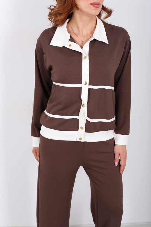 Gold Düğmeli Polo Yaka Kahverengi Kadın Modal Takım - Berox (1)