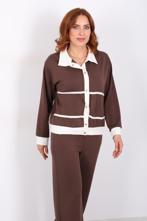 Gold Düğmeli Polo Yaka Kahverengi Kadın Modal Takım - 4