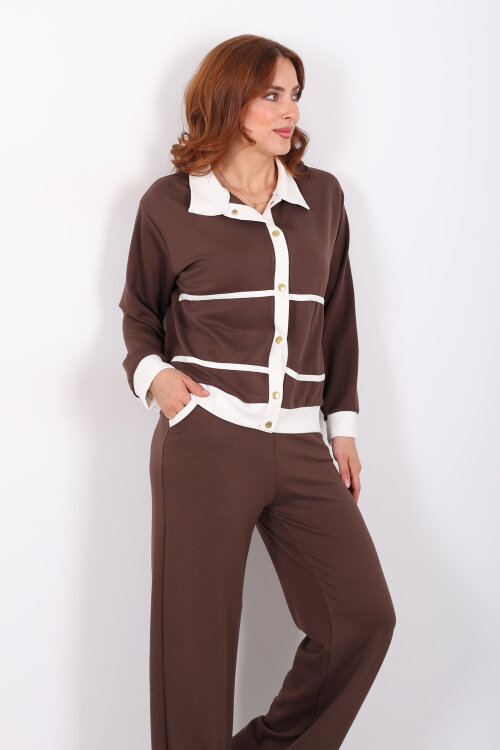 Gold Düğmeli Polo Yaka Kahverengi Kadın Modal Takım - Berox