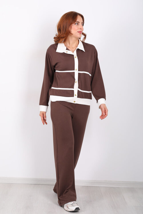 Gold Düğmeli Polo Yaka Kahverengi Kadın Modal Takım - 3