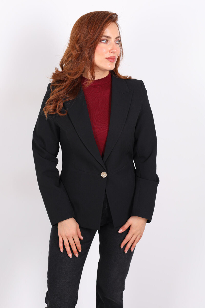 Gold Düğmeli Siyah Kadın Blazer Ceket - 3