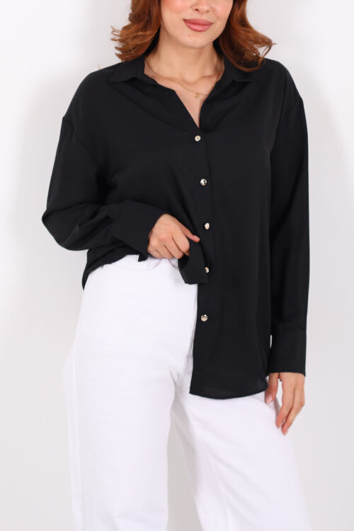 Gold Düğmeli Siyah Kadın Saten Gömlek - Berox (1)