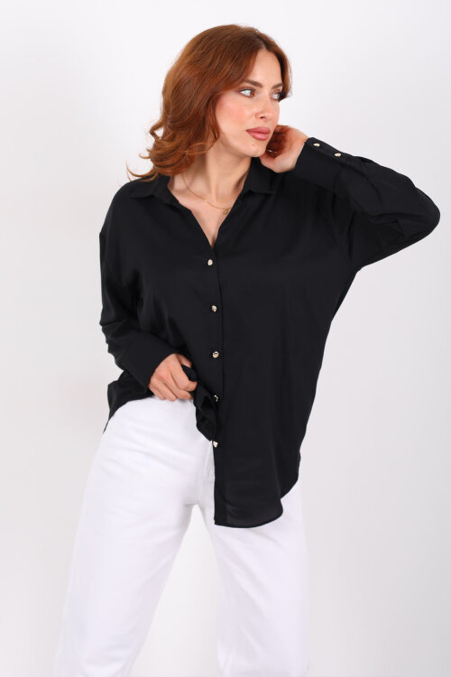 Gold Düğmeli Siyah Kadın Saten Gömlek - 6