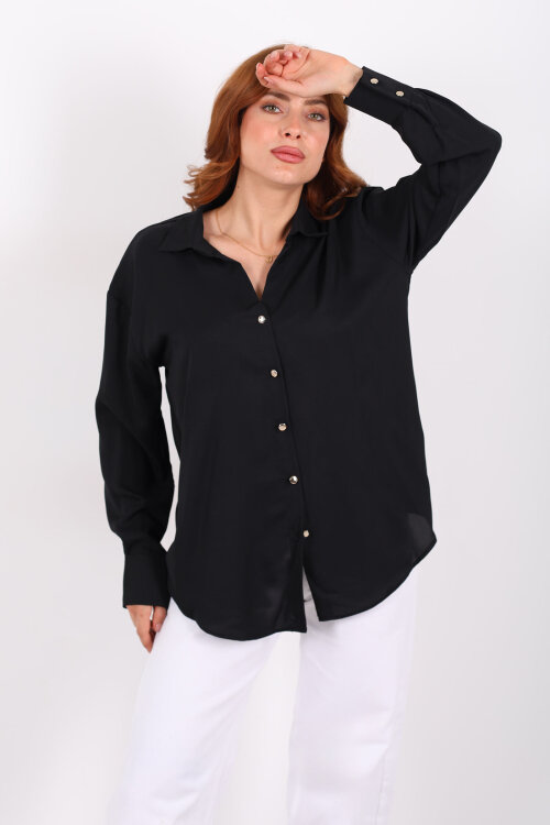 Gold Düğmeli Siyah Kadın Saten Gömlek - 3