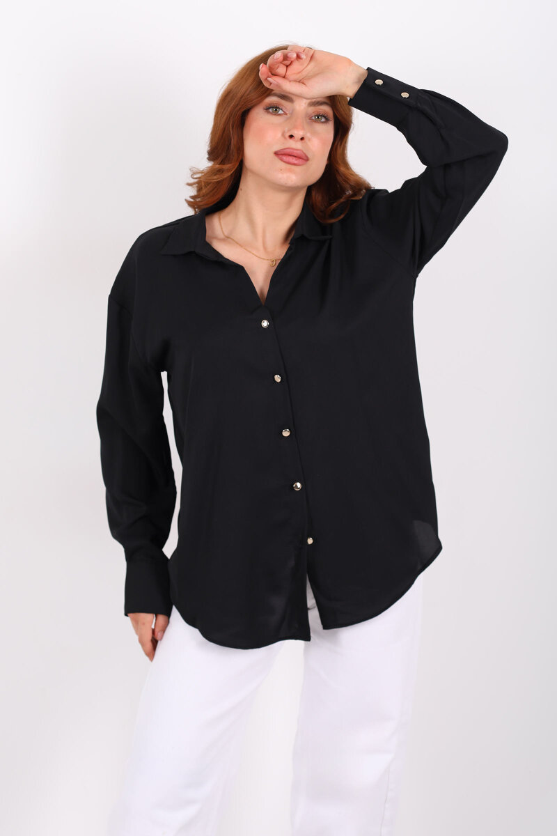 Gold Düğmeli Siyah Kadın Saten Gömlek - 3