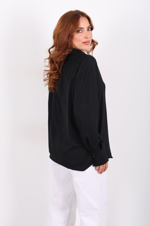 Gold Düğmeli Siyah Kadın Saten Gömlek - 5