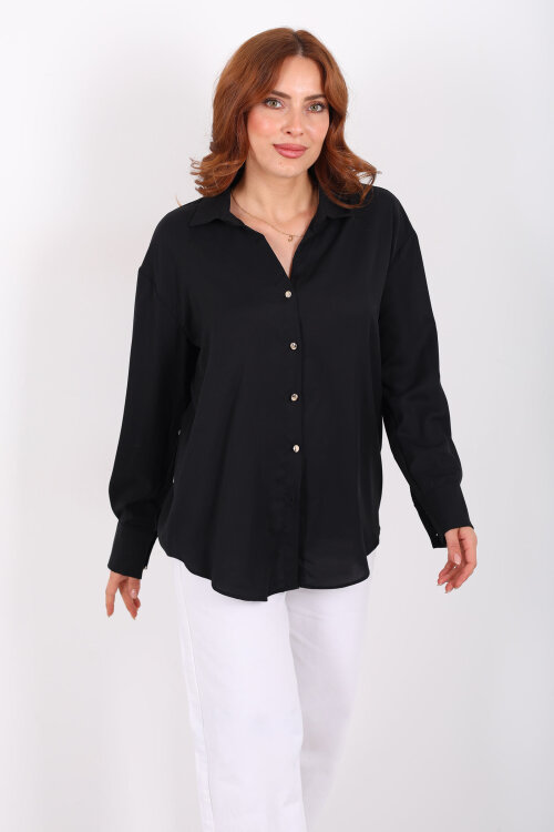 Gold Düğmeli Siyah Kadın Saten Gömlek - 4