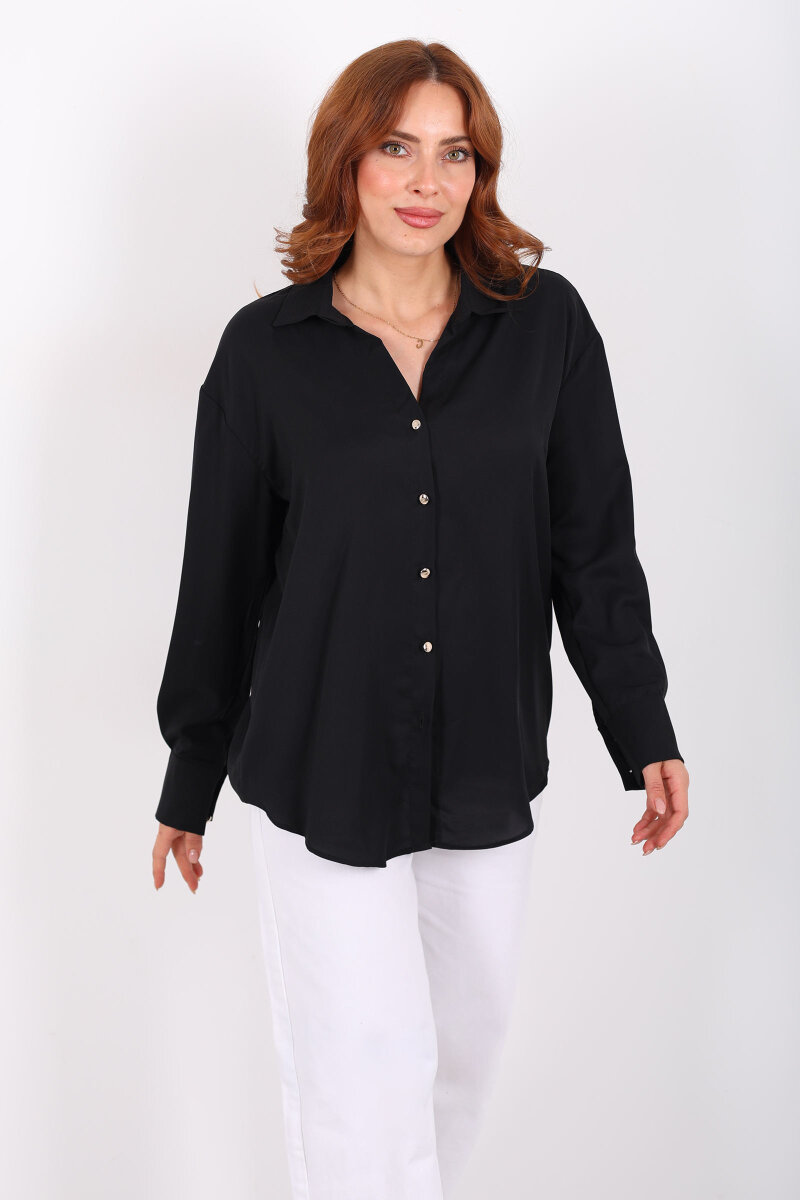 Gold Düğmeli Siyah Kadın Saten Gömlek - 4
