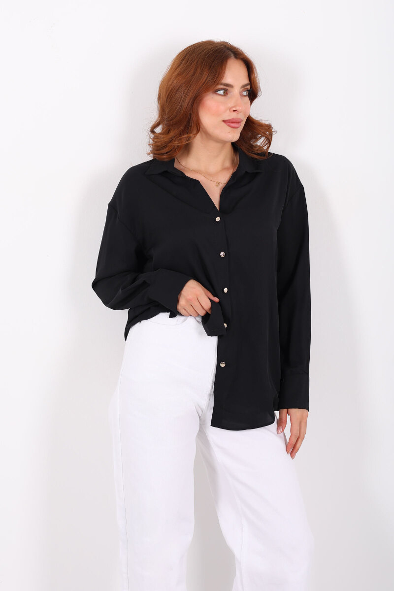 Gold Düğmeli Siyah Kadın Saten Gömlek - 1
