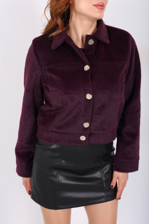 Gold Düğmeli Tay Tüyü Mürdüm Kadın Ceket - Berox (1)