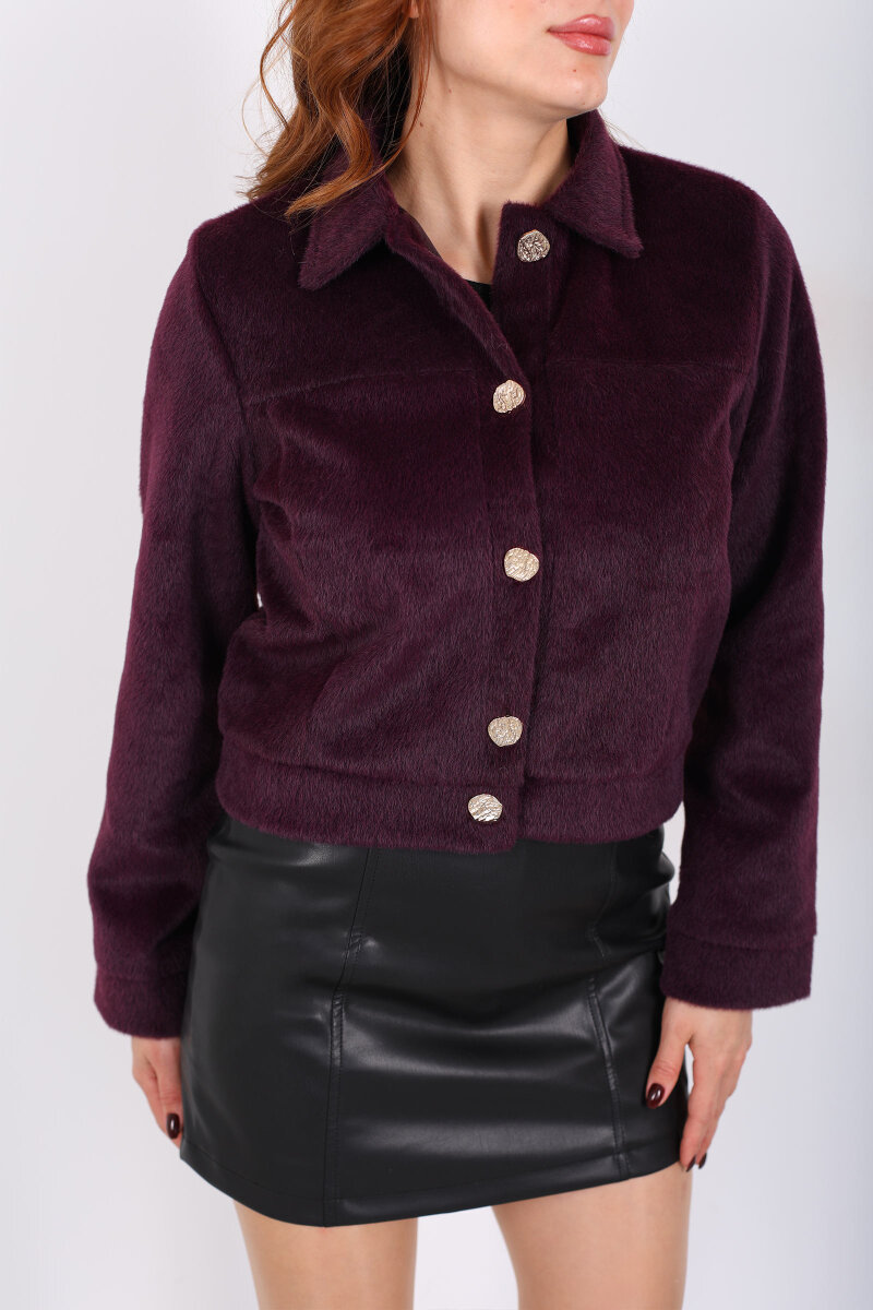 Gold Düğmeli Tay Tüyü Mürdüm Kadın Ceket - 2